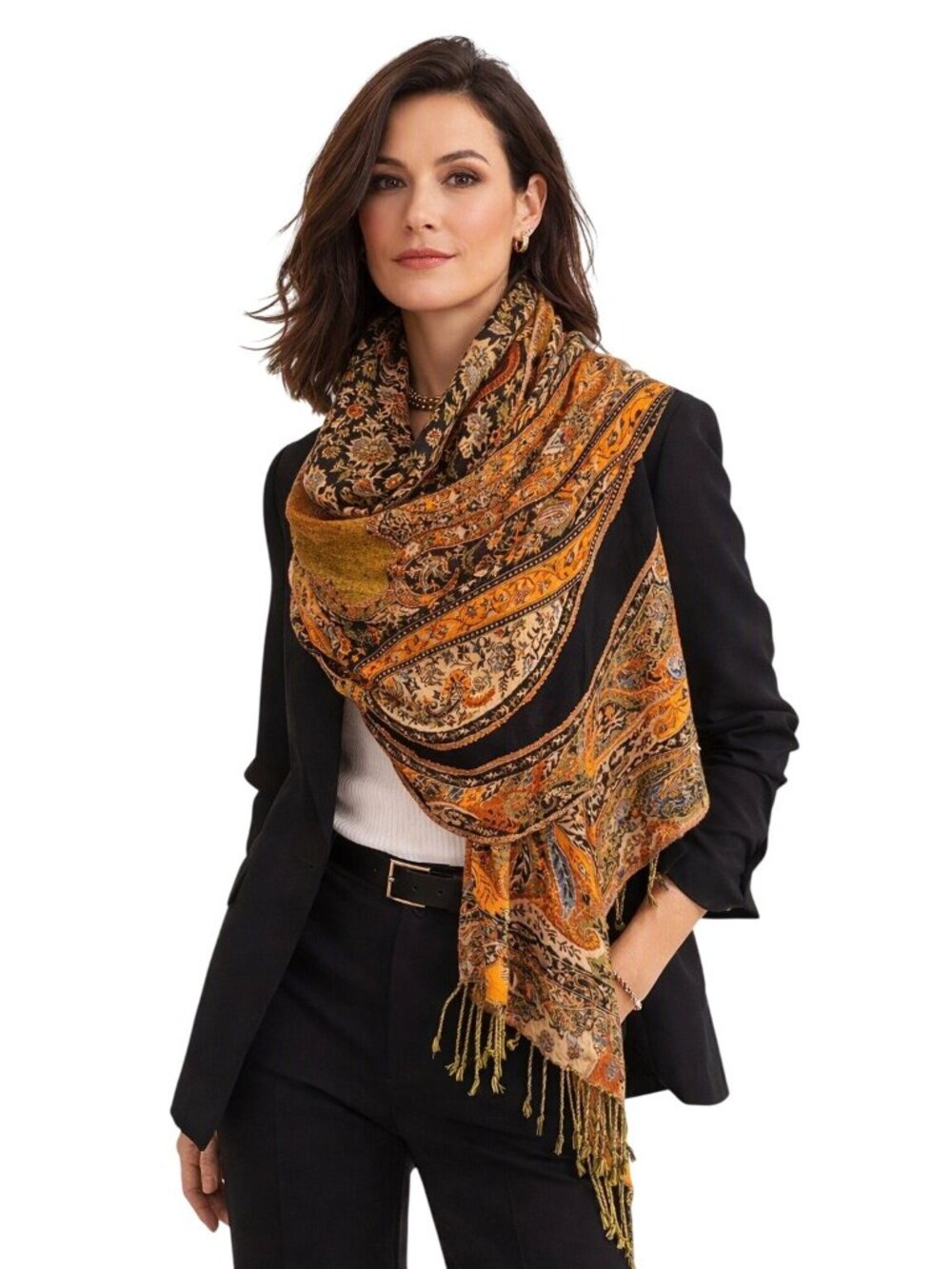 Vintage Paisley Wool Scarf/Shawl Fringe Multicolor Boho Pattern Luxury Old Money